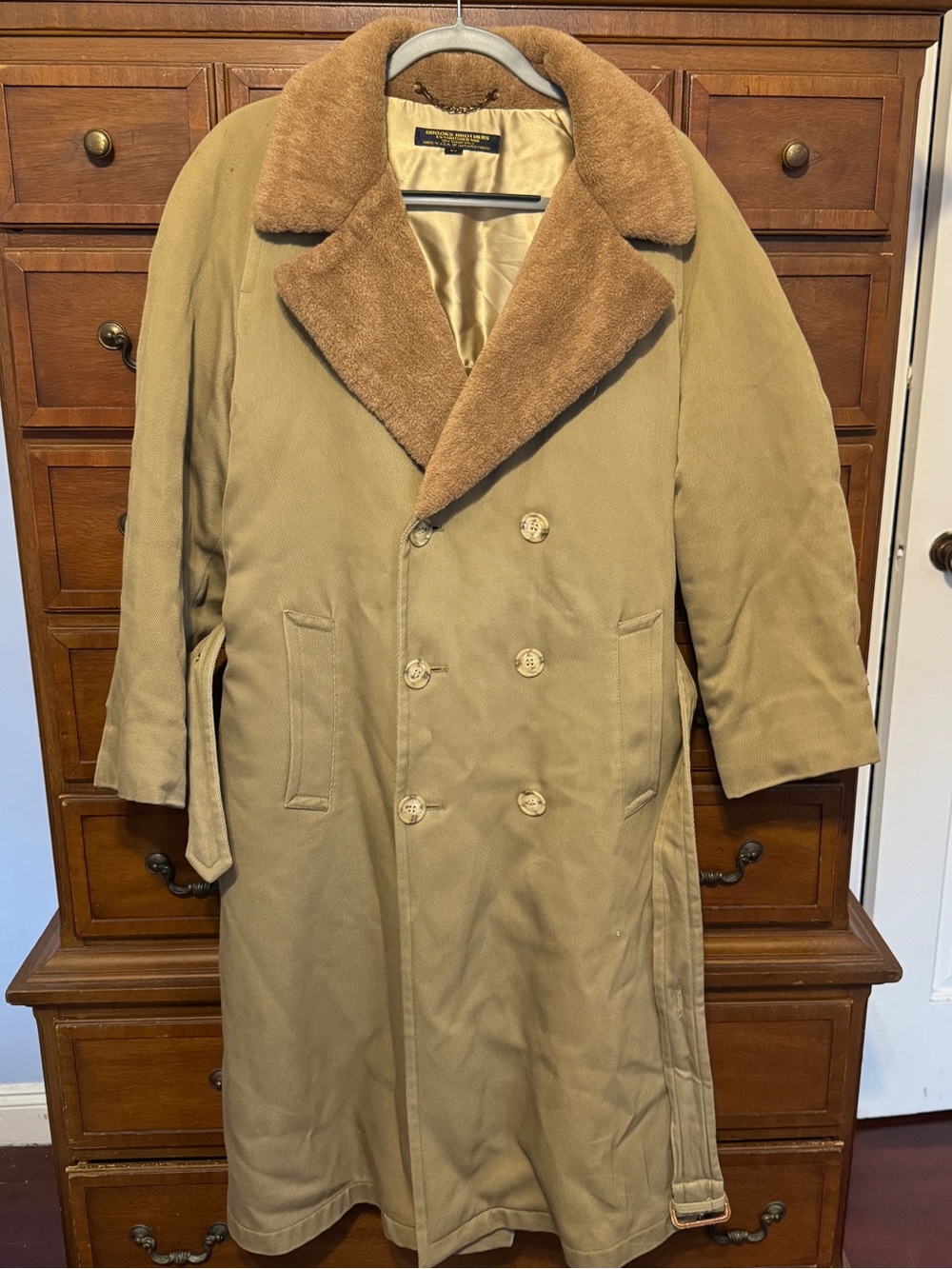 Vintage Brooks Brothers 38 Shearling Lined Trench Coat Khaki Belted Old Money